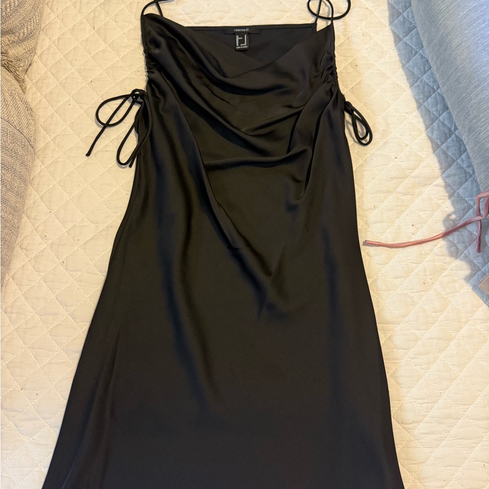 Forever 21 Black Ruched Tie Front Slip Dress